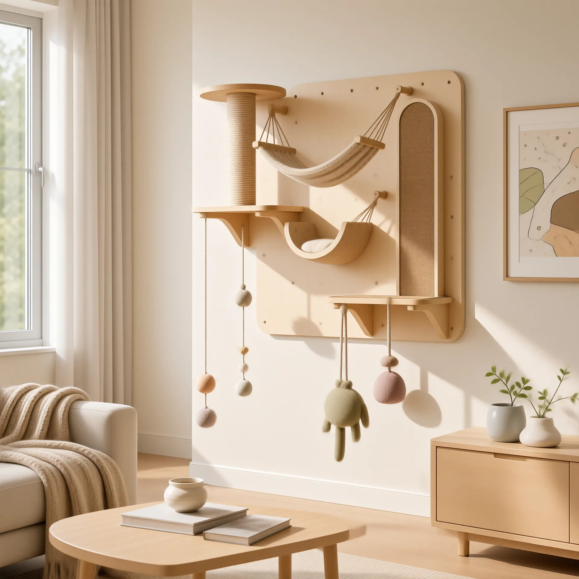 Handmade Wooden Cat Activity Wall and Sisal Scratching Post Display