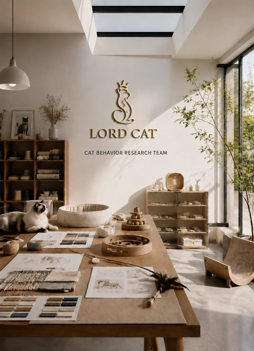 Inside the LORD CAT studio: a wooden table displays hand-stitched cat toys and natural materials