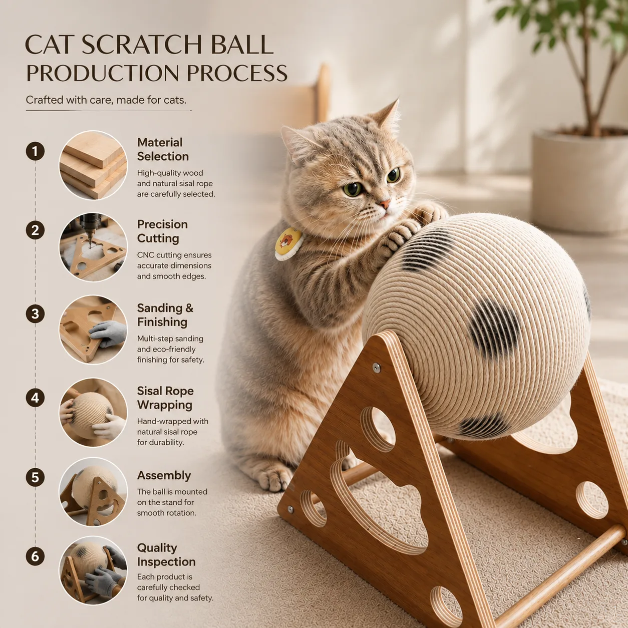 Natural Wood Rotating Sisal Cat Scratch Ball